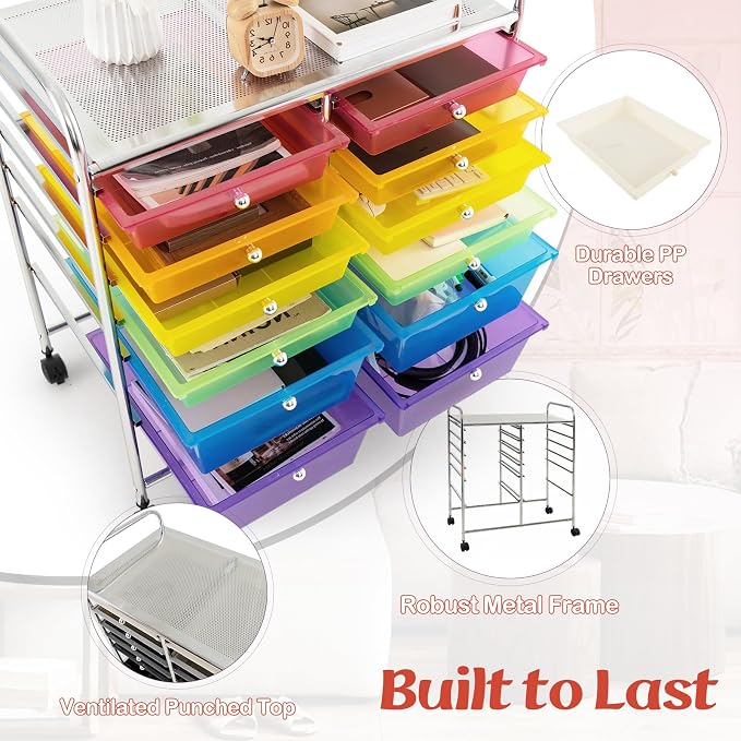COSTWAY 12-Drawer Rolling Storage Cart, Moveable Art Craft Organizer | Lockable Wheels, Metal Shelf, Files Arrangement Tools Makeup Storage Cart for Office, Home, School (Rainbow) - Image 6