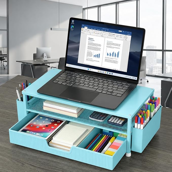 ECOLOVI Desk Organizer and Accessories, 2-Tier Computer Monitor Stand Rise with Storage Drawer & 2 Pen Holders, Laptop & Printer Stand for Desktop, Workspace Organizers for Office Supplies (Blue) - Image 4