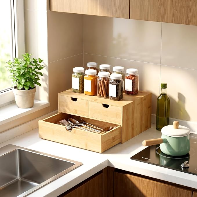 Bamboo Desk Organizer with Drawers, Desktop Storage for Office Supplies | 3 Drawers Desktop organizer, No Assembly Required, Natural Wood Wooden Desktop Drawers Box for Bills, Cosmetics, Seals, Paper - Image 5