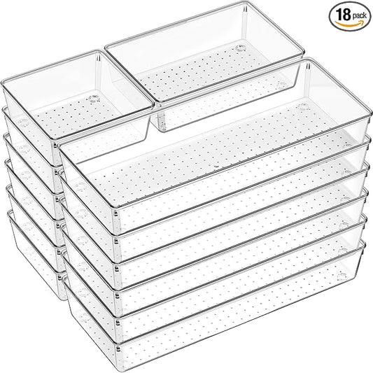 18 Pcs Large Size Clear Drawer Organizer Set, Acrylic Non Slip Non Cracking Kitchen Drawer Storage Tray Divider, Multifunctional Storage for Cosmetics, Bathroom, Tools, Kitchen and Office by Criusia