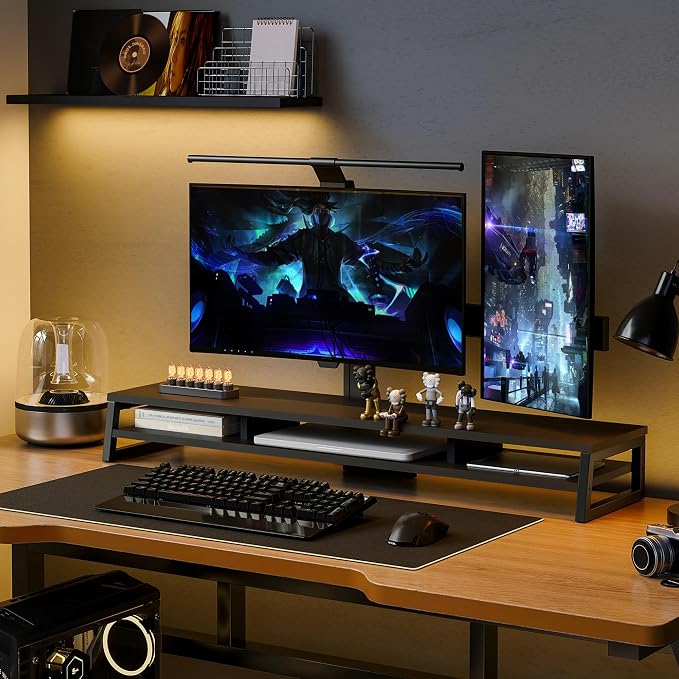 Fenge Dual Monitor Riser for Desk, Open Shelf with 3 Storage Compartments | 42.5in Computer Monitor Stand, 2-Tier Desk Shelf for Top of Desk,One-Piece Panel, fit Ultrawide Monitor, PC, Laptop, Black - Image 7