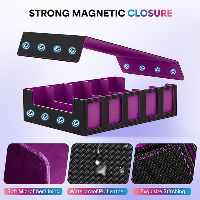 UAONO 5-Row Trading Card Storage Box with Commander Display, Black Purple | 3900+ Card Box with Removable Cover, Card Case Fits MTG TCG Sports Cards, 48 Dividers, 5 Stoppers, 5 Top Loaders, Dice Box - Image 5