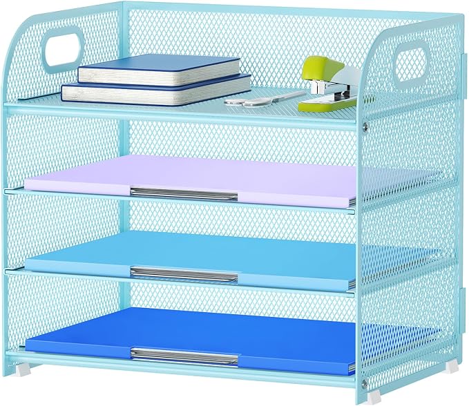 Marbrasse 4 Tier Paper Organizer Letter Tray - Mesh Desk File Organizer with Handle, Paper Sorter Organizer for Letter Office File Folder Holder (Blue, 12.6" x 9.1" x 10.7") by Marbrasse