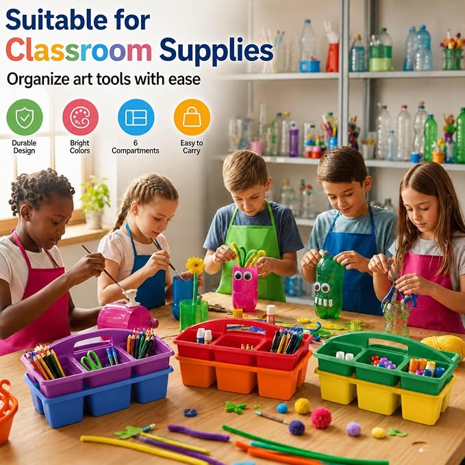 gisgfim 6 Pack Plastic Classroom Caddy with 6-Compartments Plastic Storage Caddies with Handle 6 Compartments Table Caddy Organizer Versatile Table Caddies for Classroom Office Storage, Rainbow Color - Image 5