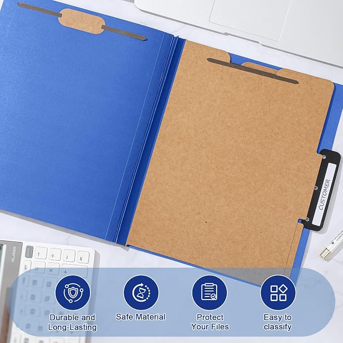 Henoyso 12 Pcs Letter Size Classification Folders 2 Divider, 1/3-cut Metal Tab, File Folder with 3'' Expansion, 2 Prong Fastener, 60 Labels, Heavy Duty File Folder for Office School Medical - Image 4