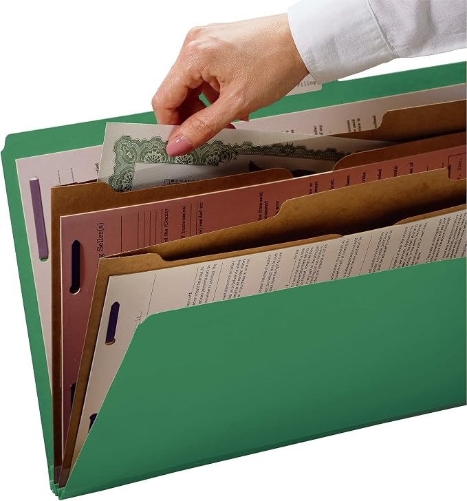 Smead Pressboard Classification File Folder with SafeSHIELD Fasteners, 2 Pocket Dividers, 2" Expansion, Letter Size, Green, 10 per Box (14083) - Image 3