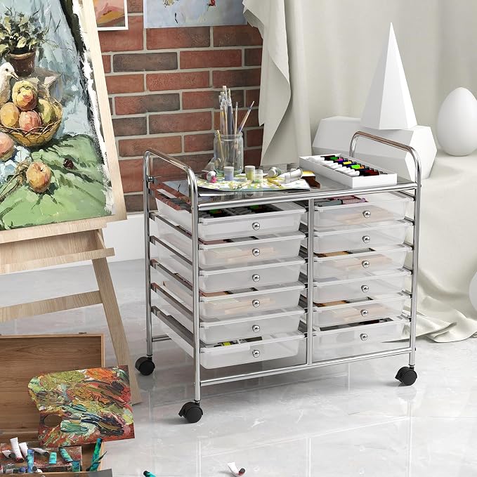 GOFLAME 12-Drawer Rolling Storage Cart, Multifunctional Art Craft Organizer Cart, Mobile Utility Storage Cart with Removable Drawers & Lockable Wheels, Craft Cart for Home Office School, Clear - Image 8