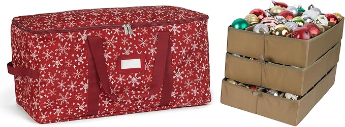 Covermates Keepsakes Adjustable Ornament Storage Bag – Heavy-Duty Polyester, Padded Dividers & FlexGrid Trays – Protective Holiday Ornament Organizer with Handles & Label Window, Red Snowflake by Covermates