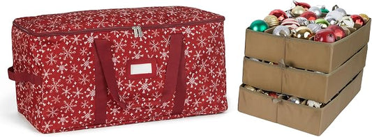 Covermates Keepsakes Adjustable Ornament Storage Bag – Heavy-Duty Polyester, Padded Dividers & FlexGrid Trays – Protective Holiday Ornament Organizer with Handles & Label Window, Red Snowflake by Covermates