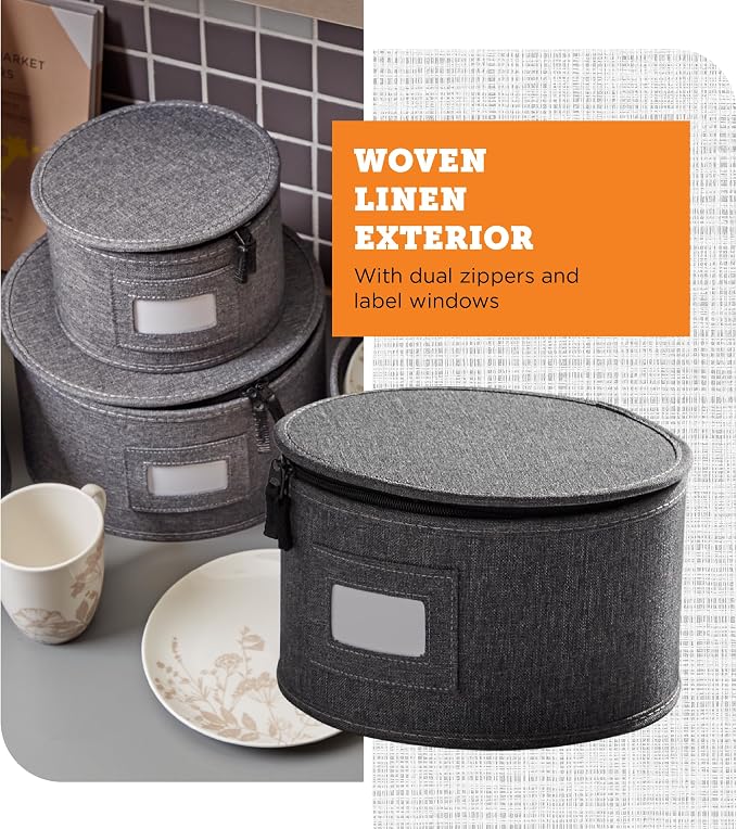4-Piece China Plate Storage Set | Hard Shell Dividers | Gray | 4 Hard Shell Plate Cases - Dinner, Salad, Dessert & Saucer, 12 Plates Each, 48 Total. Felt Dividers, Stackable. - Image 6