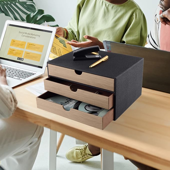 Fashion Multicolor Collocation Leather Desk Organizer File Cabinet Executive Office Supplies Desktop Filing A4 Contract Document Stackable Storage Box with 3 Drawers (Black) - Image 2