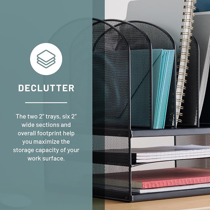 Safco Onyx Desk Organizer, 6 Vertical Compartments and 2 Trays, Office and Classroom Mailbox , Paper and Mail Sorter, Steel Mesh, Black - Image 4