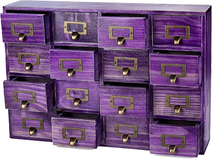 Purple 16-Slot Wooden Drawer Unit - Country Style Desk Organizer Box - 20"x3.6”x14” Wooden Storage Box w/ 16 Drawers - Countertop Drawers w/Label Holder & Handle - Slim 4-Level Organizer by PrimoSupply