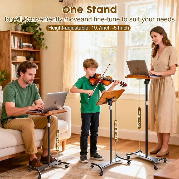 2 in 1 Dual-use Music Stand & Desktop Book Stand, Adjustable Height 16.5"-51", 100% Solid Wood Laptop Floor Stand Book Holder with Elastic Page Clips for Cookbooks (Brown-Wheeled) - Image 2