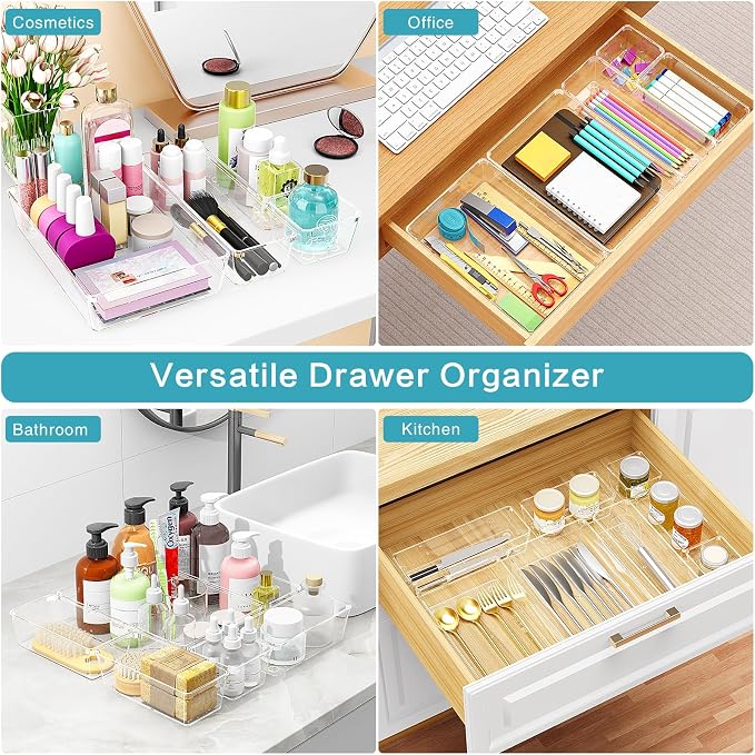 Manalete Drawer Organizers Set of 65, 4 Sizes Clear Plastic Drawer Organizers and Storage Bins for Kitchen, Bathroom, Office, Dresser Desk Drawer Organizer Tray for Jewelry, Makeup, Junk, Gadgets - Image 7