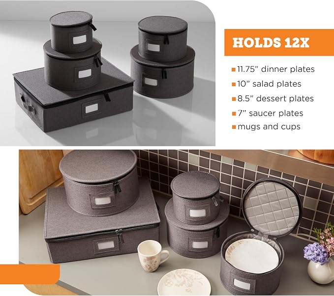 5-Piece China Storage Set | Plates & Mugs | Woven Linen | Gray | Full China Set For 12 - 4 Plate Cases + Mug Case, Zipper Closure. Hard Shell, Felt Dividers, Stackable, Top-Load. - Image 3