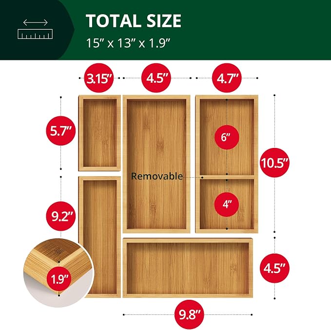 ROYAL CRAFT WOOD Premium Carbonized Bamboo Decorative Boxes - Drawer Organizer Set (5-Piece) – Wood Storage Boxes for Kitchen, Bathroom, Office & Makeup - Image 4