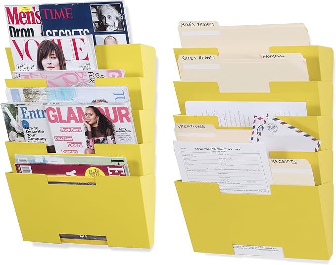 Wallniture Lisbon 10-Tier Metal Wall File Holder Organizer for Organization and Storage, Yellow Office Decor and Magazine Holder - Image 3
