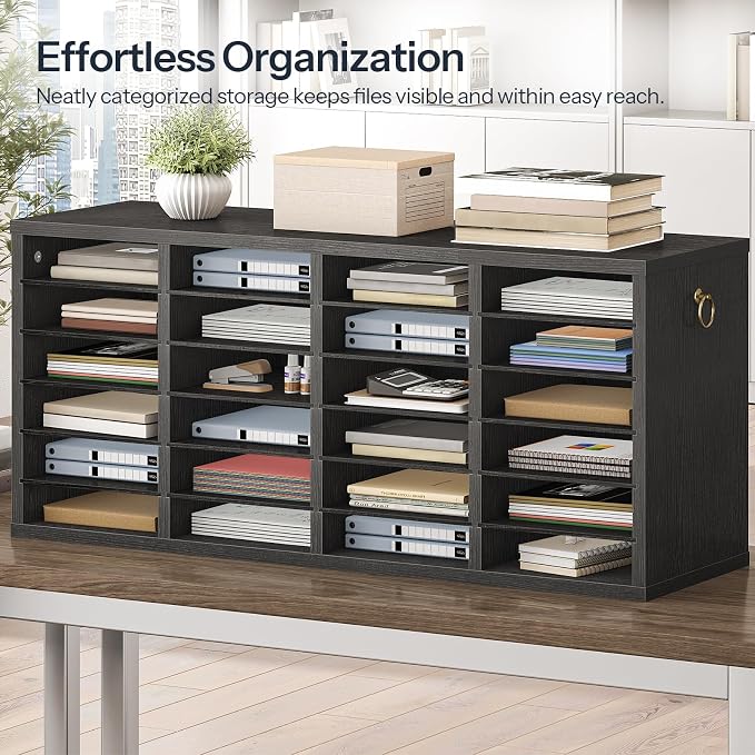 HOOBRO Literature Organizers, 24 Compartments Office Mailbox with Adjustable Shelves, Wood Countertop Literature Sorter for Office, Home, Classroom, Mailrooms Organization Black BK64WF01 - Image 2