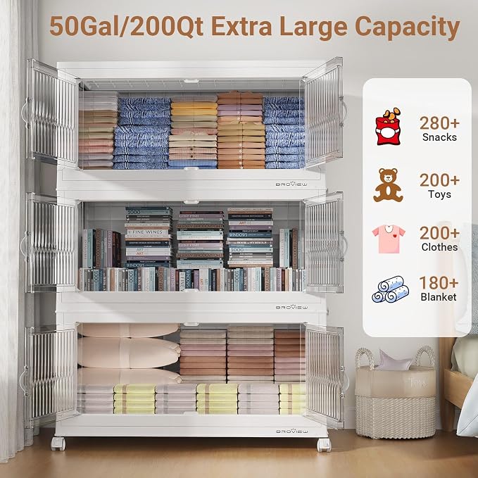 BROVIEW 800Qt Extra Large Stackable Storage Bins with Lids, Closet Organizer Collapsible Drawer Boxes with Wheels, Folding Plastic Cabinet Containers for Home Kitchen Room Organization, 4Pack White - Image 6