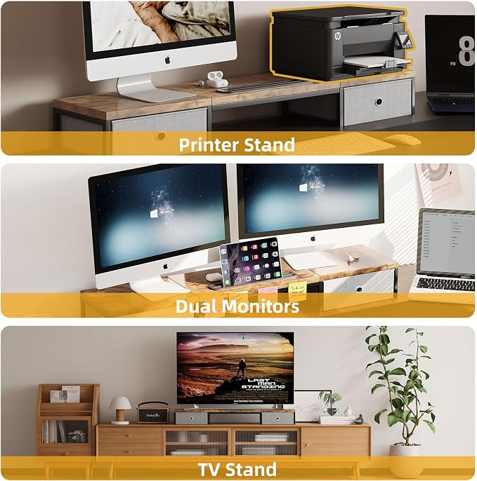 39 Inch Dual Monitor Stand Riser with 2 Drawers - Large Brown Wooden Computer Stand for 2 Monitors, Ergonomic Desk Organizer with Phone Holder, Desktop Storage for Laptop, Office Supplies, Home Office - Image 6