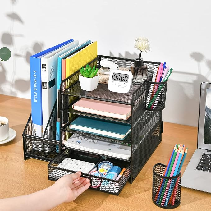 Marbrasse Desk Organizer with File Holder, 5-Tier Paper Letter Tray Organizer with Drawer and 2 Pen Holder, Mesh Desktop Organizer and Storage with Magazine Holder for Office Supplies(Black) - Image 5
