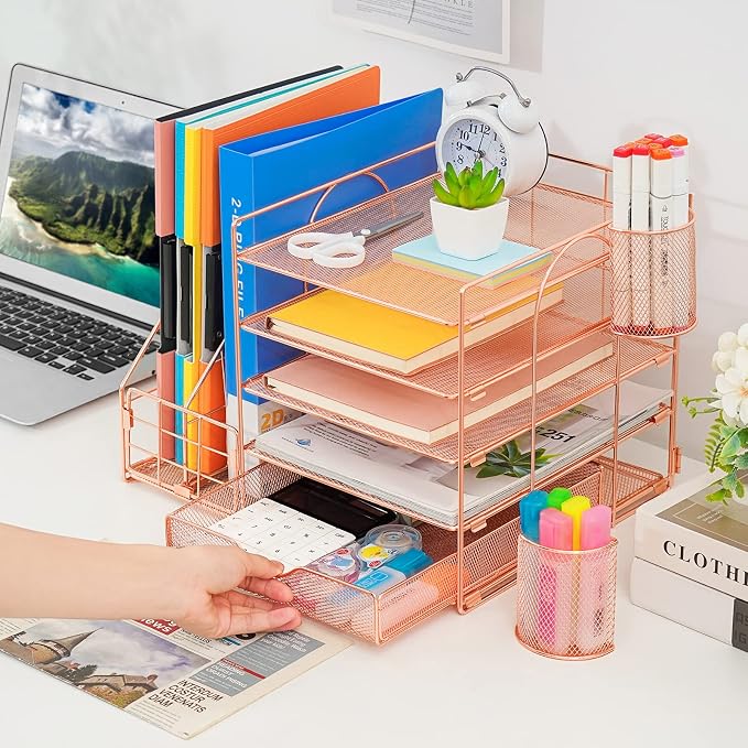Marbrasse Rose Gold Desk Organizer with File Holder, 5-Tier Paper Letter Tray Organizer and Drawer, Mesh Desktop Storage with Magazine Holder for Office Supplies - Image 5