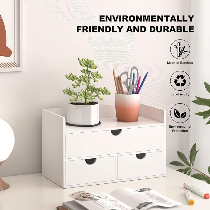Bamboo Desk Organizer with Drawers Desktop Storage Drawers for Bills Office Supplies Kitchen Utensils Organizing Tool for Home Classroom Organization No Assembly (White with Shelf) - Image 5