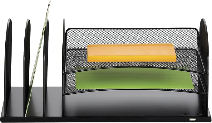 Safco Products 3231BL Onyx Desktop Organizer with USB Charging Port, 3 Section File Sorter, 3 Paper Trays, Durable Steel Construction, Black by SafcoProducts