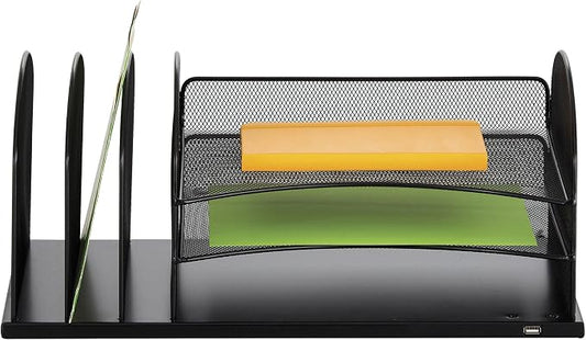 Safco Products 3231BL Onyx Desktop Organizer with USB Charging Port, 3 Section File Sorter, 3 Paper Trays, Durable Steel Construction, Black by SafcoProducts