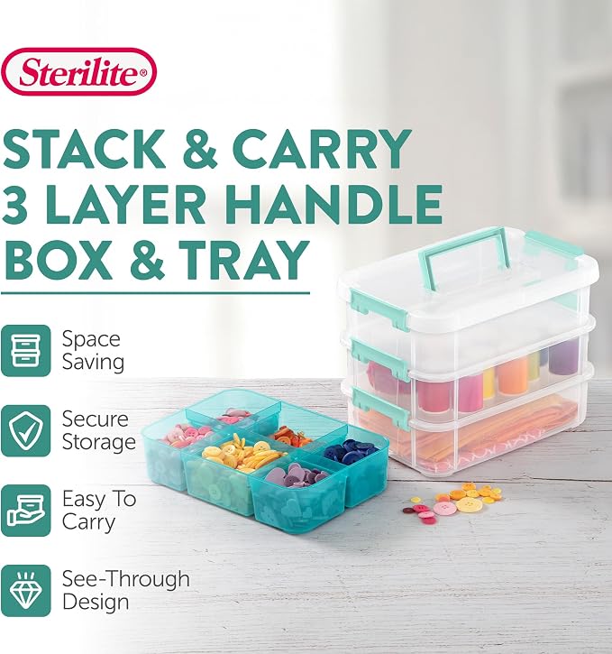 Sterilite 6 Pack Plastic Storage Box Container, 3 Layer, Stack and Carry, Clear/Blue - Image 3