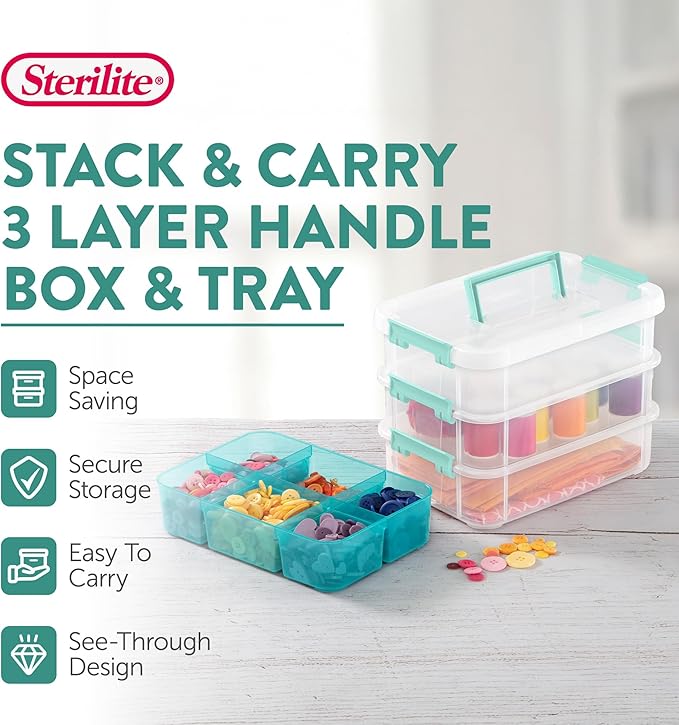 Sterilite 18 Pack Plastic Storage Box Container, 3 Layer, Stack and Carry, Clear/Blue - Image 3