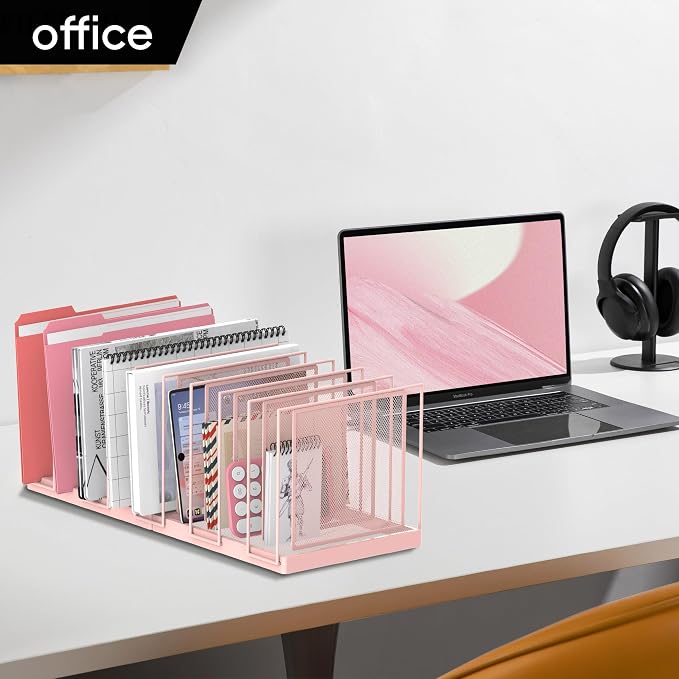 9-Section Desk File Organizer, Vertical File Holder, Mesh Desktop File Folder Metal File Organizer Stand for Office Home Classroom, Pink - Image 9