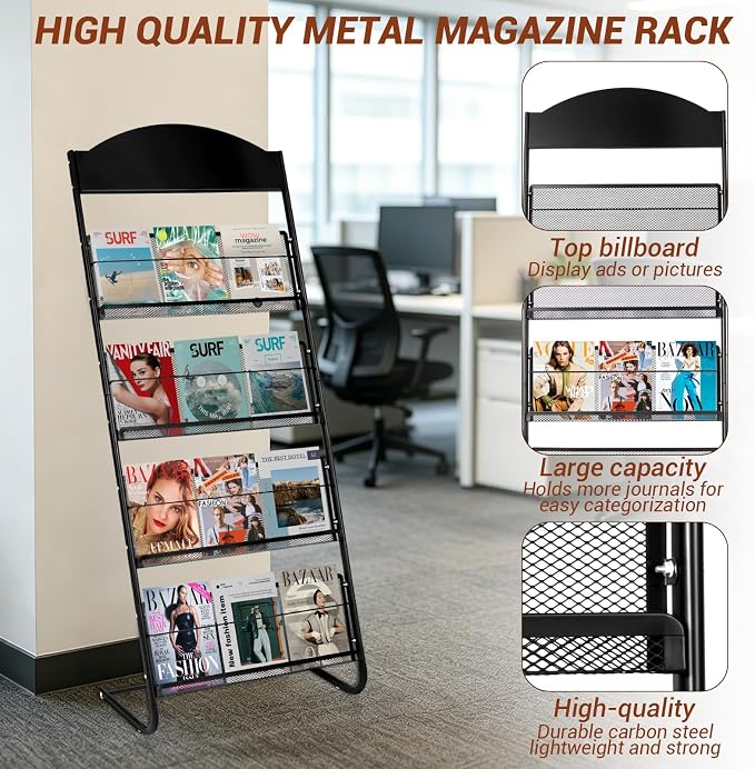 4-Tier Magazine Stand, 24.8'' Wide Iron Brochure Holder, Metal Newspaper & Literature Display Rack for Office, Waiting Room, Lobby, Classroom & Retail Store - Image 6