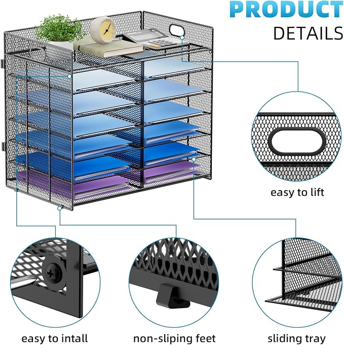 Lavatino 7 Tier Paper Organizer for Desk, Mesh Literature Organizer, Mail File Sorter Tray with Handle, Desktop Mailbox for Office Classroom Home, Black - Image 3
