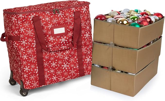 Covermates Keepsakes Rolling Adjustable Ornament Storage Bag – Heavy-Duty Polyester, FlexGrid Trays & Padded Dividers – Protective Holiday Organizer with Wheels, Handles & ID Window, Red Snowflake by Covermates
