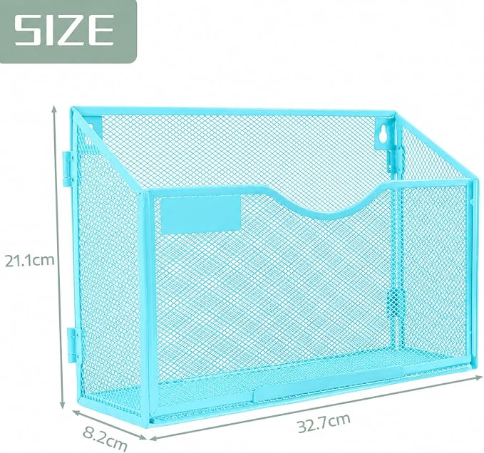 1 Pocket Mesh Wall File Holder Organizer Office Hanging File Folder Magazine Rack, Nametag Label Hooks Set Included (Blue) - Image 2