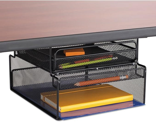 Safco 3244BL Onyx Mesh Deluxe Under Desk Hanging File & Paper Organizer, Black, Steel Construction, 2 Compartments, Tabletop or Desktop. Perfect for Home, Office & Classrooms, Black by SafcoProducts