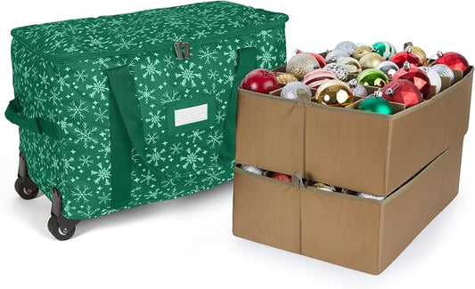 Covermates Keepsakes Rolling Adjustable Ornament Storage Bag – Heavy-Duty Polyester, FlexGrid Trays & Padded Dividers – Protective Holiday Organizer with Wheels, Handles & ID Window, Green Snowflake by Covermates