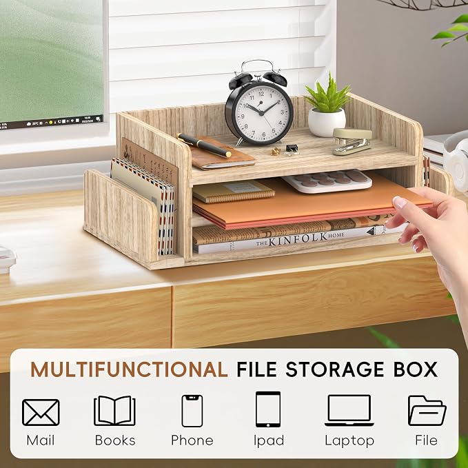 Wooden Desk Organizer, 3-Tier Paper Trays with 2 Mail Sorters, Natural Wood | Fully assembled with open shelves and side slots for sorting files, folder, letter, bill, magazine, notebook - Image 5