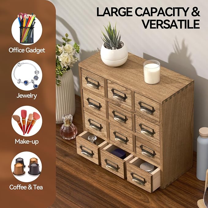 KIRIGEN Wooden Storage Cabinet, 12-Drawer Desktop Organizer, Brown 12CG-DBR | 12 Mini Drawers with Metal Label Holder Pulls for Cards, Crafts, Tea Bags, Jewelry, Office Supplies, and Small Parts - Image 7