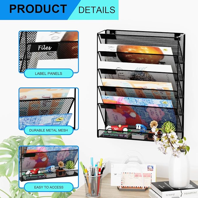 Wall File Organizer Holder Mesh Hanging Paper Document Holder,Vertical 6 Pocket Tier for Office Home, Black - Image 4