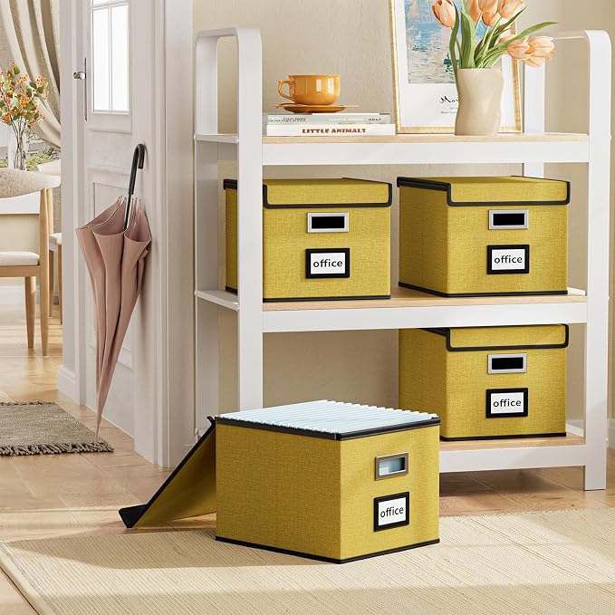 File Organizer Box with Lids, Collapsible File Folder Organizer | File Box with Plastic Slides for Office Document Storage, Filing Bin for Letter Size Hanging File Folders (1 Pack, Yellow) - Image 2