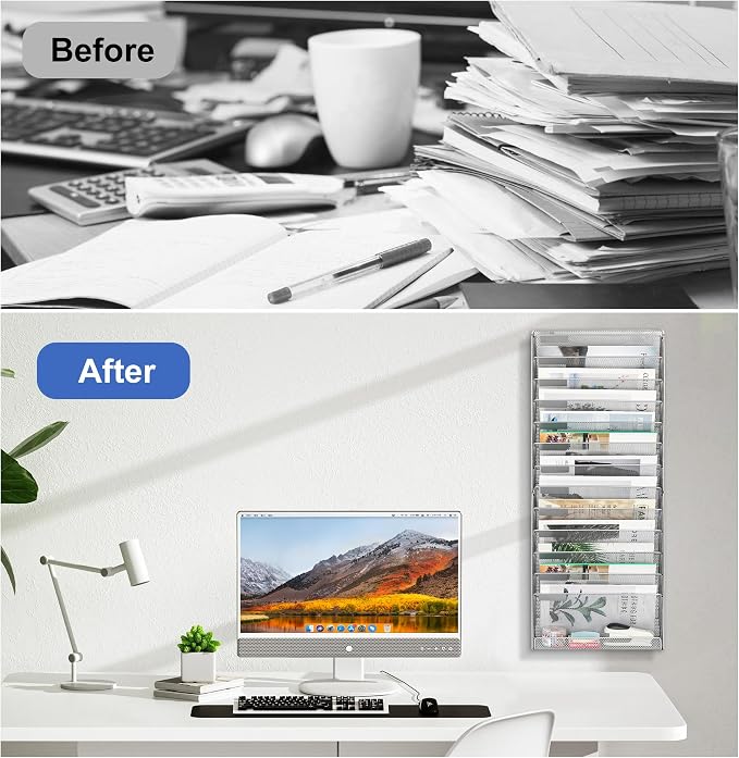 EasyPAG Wall File Holder 14 Tier Mesh Hanging Folder Organizer with Flat Tray Wall Mounted Mail Organizer Magazine Paper Desk Shelf with Nametag Label for Office Home School, Silver - Image 7