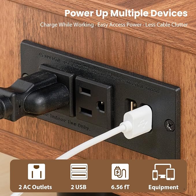 Artswish Dual Monitor Stand with Power Outlet, 42" Walnut Monitor Riser | Built-In Power Outlet, Drawer & Sliding Door Storage, Ergonomic Viewing Height, Walnut Wood Finish, For Office Work & Study - Image 5