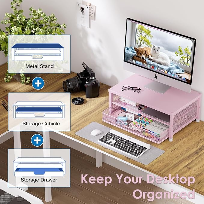 Computer Monitor Stand Riser, Desk Organizer with Drawer, Printer & Laptop Stand, Office Desk Accessories & Workspace Desktop Organizers Storage for Office Supplies(Pink) - Image 4