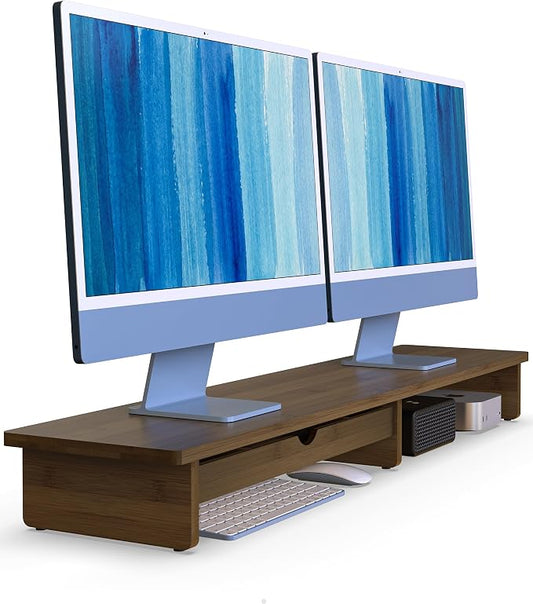 42” Monitor Stand with Large Drawer Keyboard Storage,Dark Bamboo | dual Computer monitor riser shelf for 55-72 inch desk aesthetic workplace computer setup desktop organizer easy assembly by WELLWENG