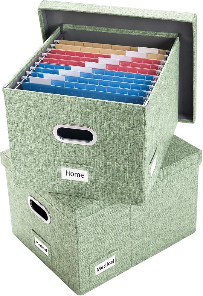 File Organizer Box - Set of 2 Collapsible Decorative Linen Filing Storage Hanging File Folders with Lids Office Cabinet Letter/Legal Size Green 17x14x11.2 inch by Prandom