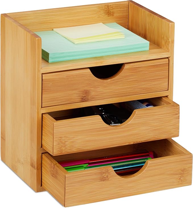 Relaxdays Bamboo Desktop Organizer, 3 Drawers, Desk Tidy, Office Storage Unit, Pen Holder, HxWxD: 21x20x13 cm, Natural, 1 Item by Relaxdays
