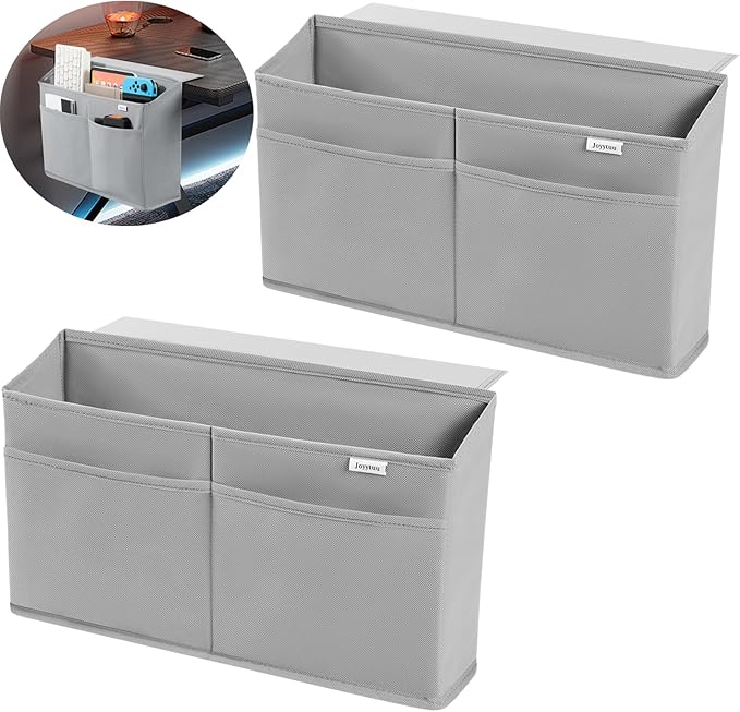 2 Pack Desk Side Hanging Organizer, Adhesive Storage Bag with Pockets for Magazine Ipad Notebook, for End Tables Home Office Desks Computer Workstations Dressing Table, Grey - Image 2